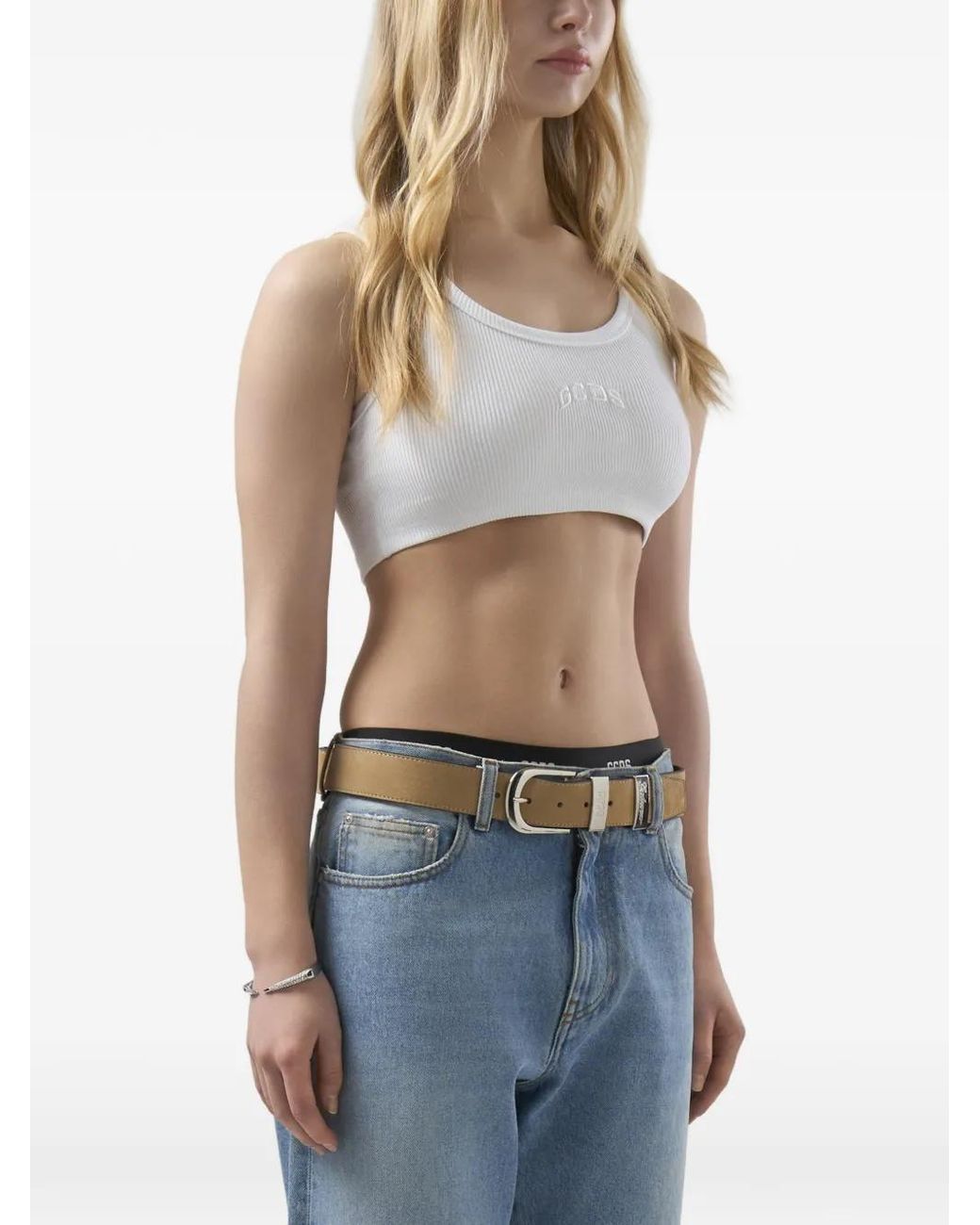 Gcds White Logo-Embroidered Crop Top
