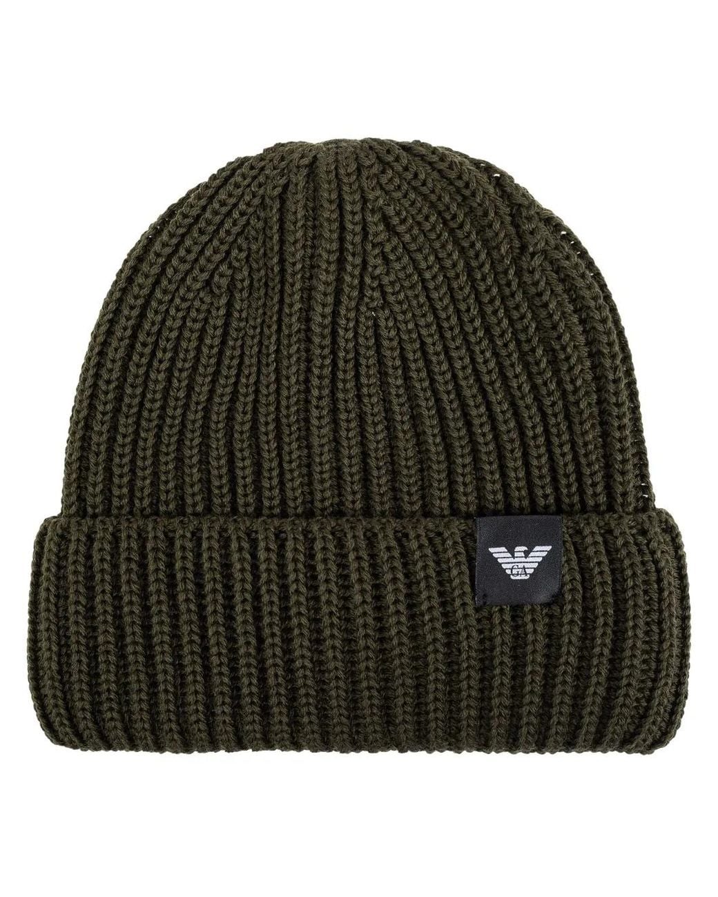 Emporio Armani Green Logo-Patch Knitted Beanie for men