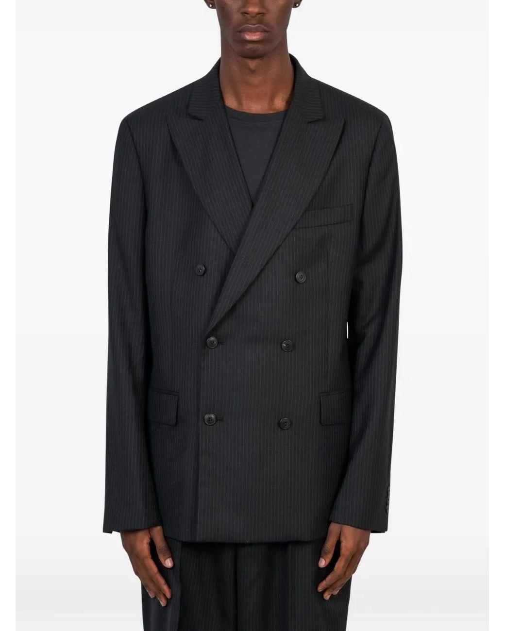Another Aspect Black 2.0 Pinstripe Double-Breasted Suit Jacket for men