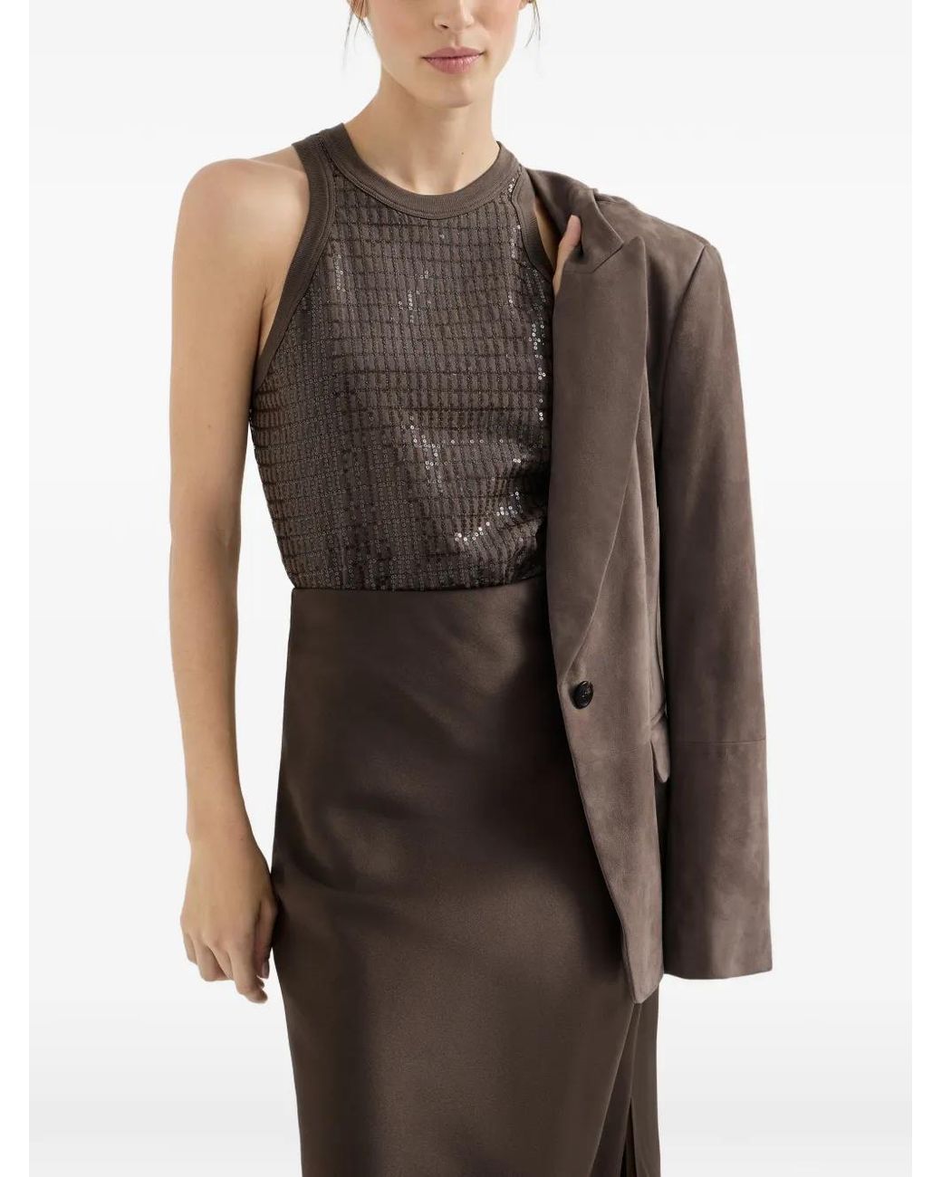 Brunello Cucinelli Brown Top "Dazzling Check Embroidery"