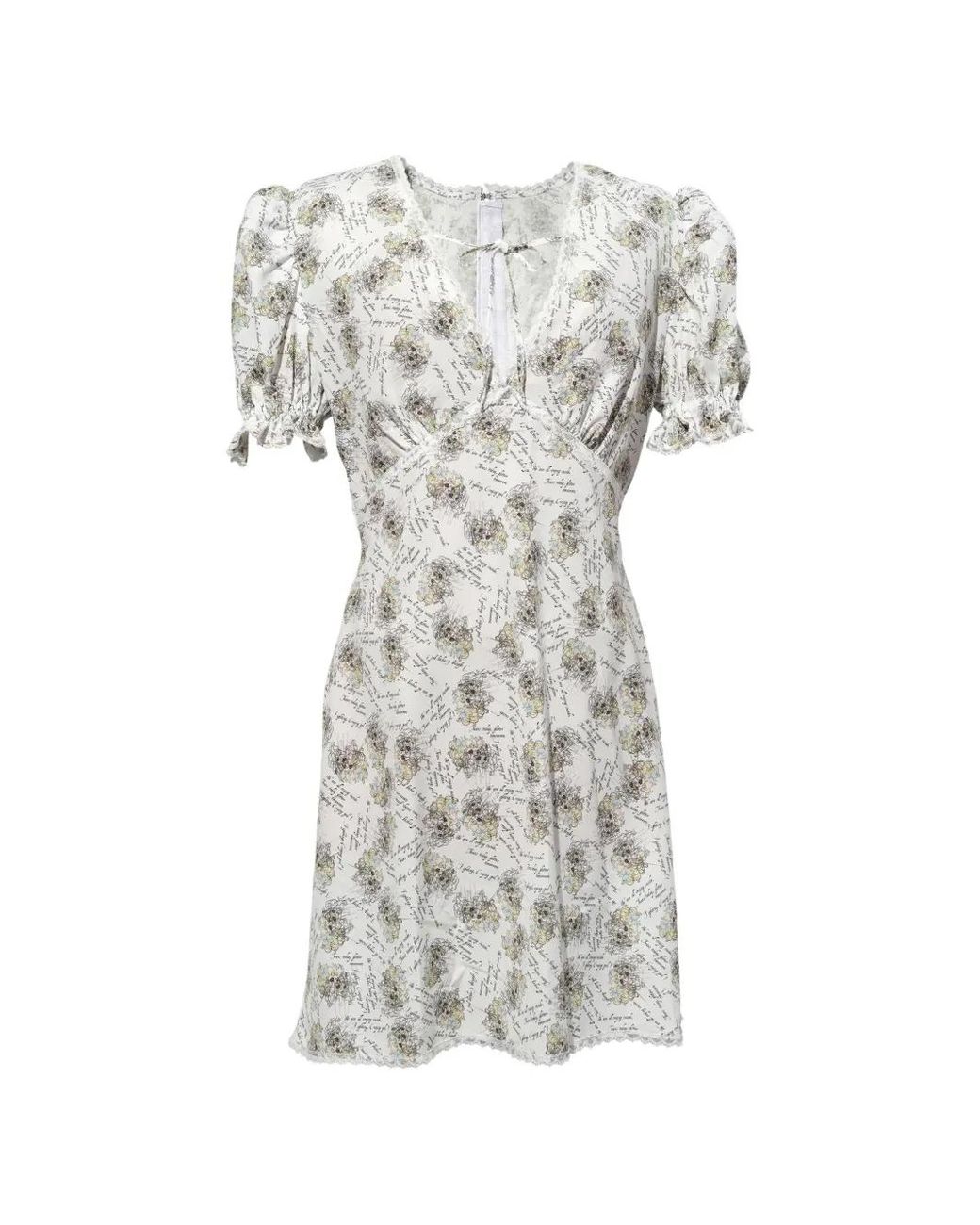 Pushbutton White Puffed-Sleeve Patterned Dress