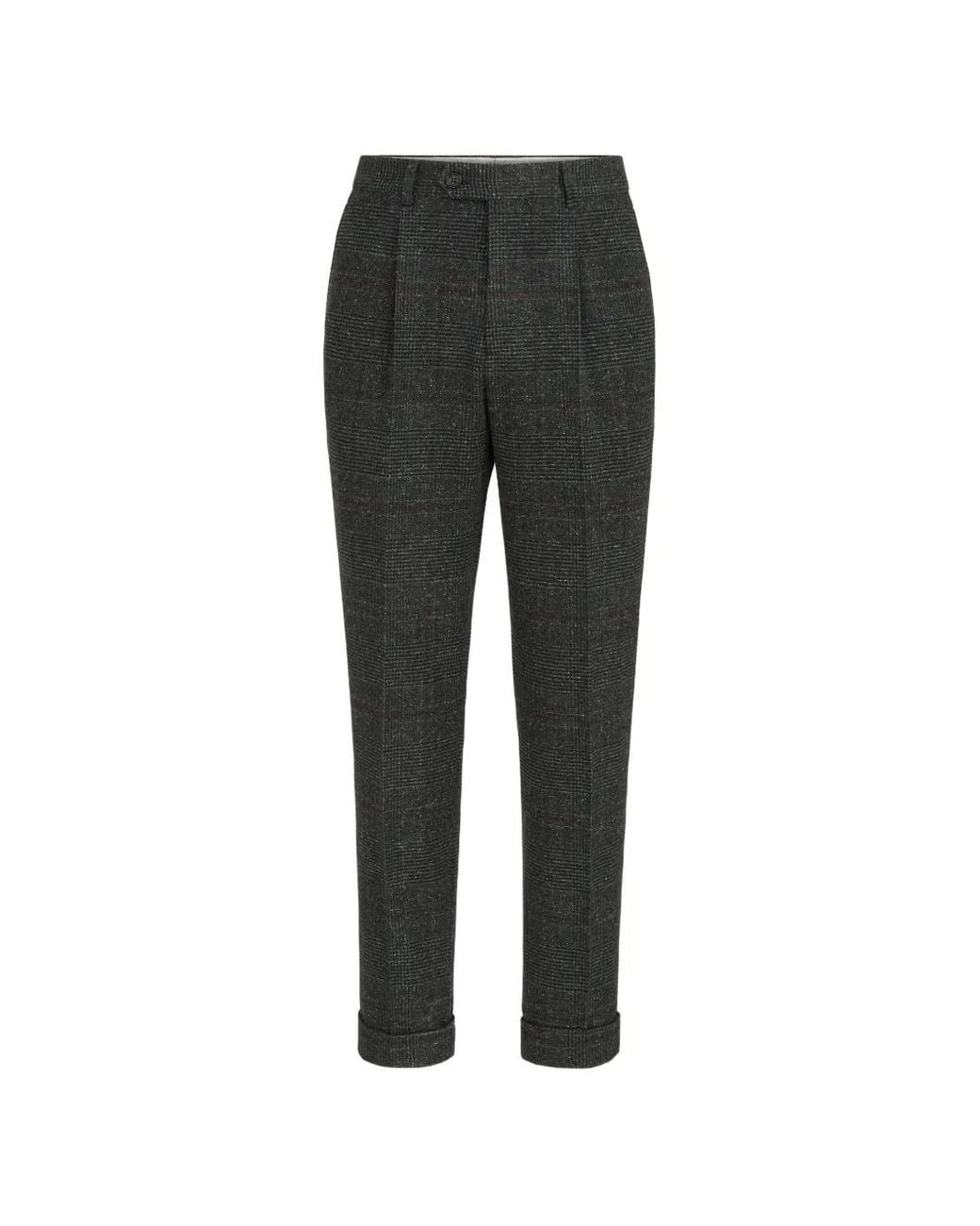 Brunello Cucinelli Black Silk, Wool And Cashmere Prince Of Wales Flannel Trousers With Pleat for men