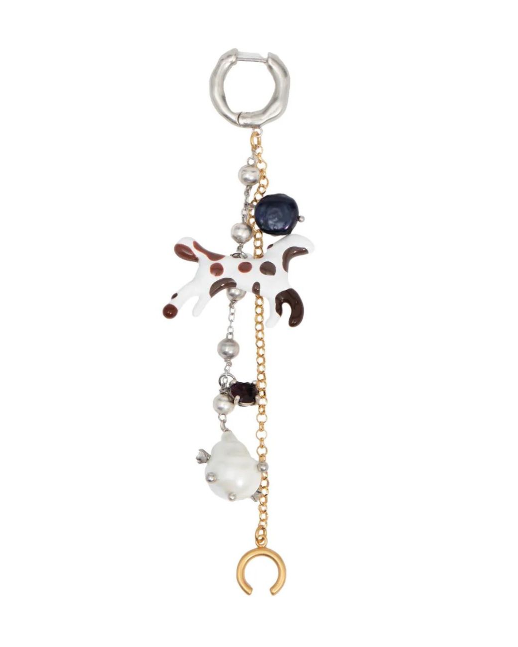 Bimba Y Lola White Chain Hoop Earring With Pearls And Enamelled Horse