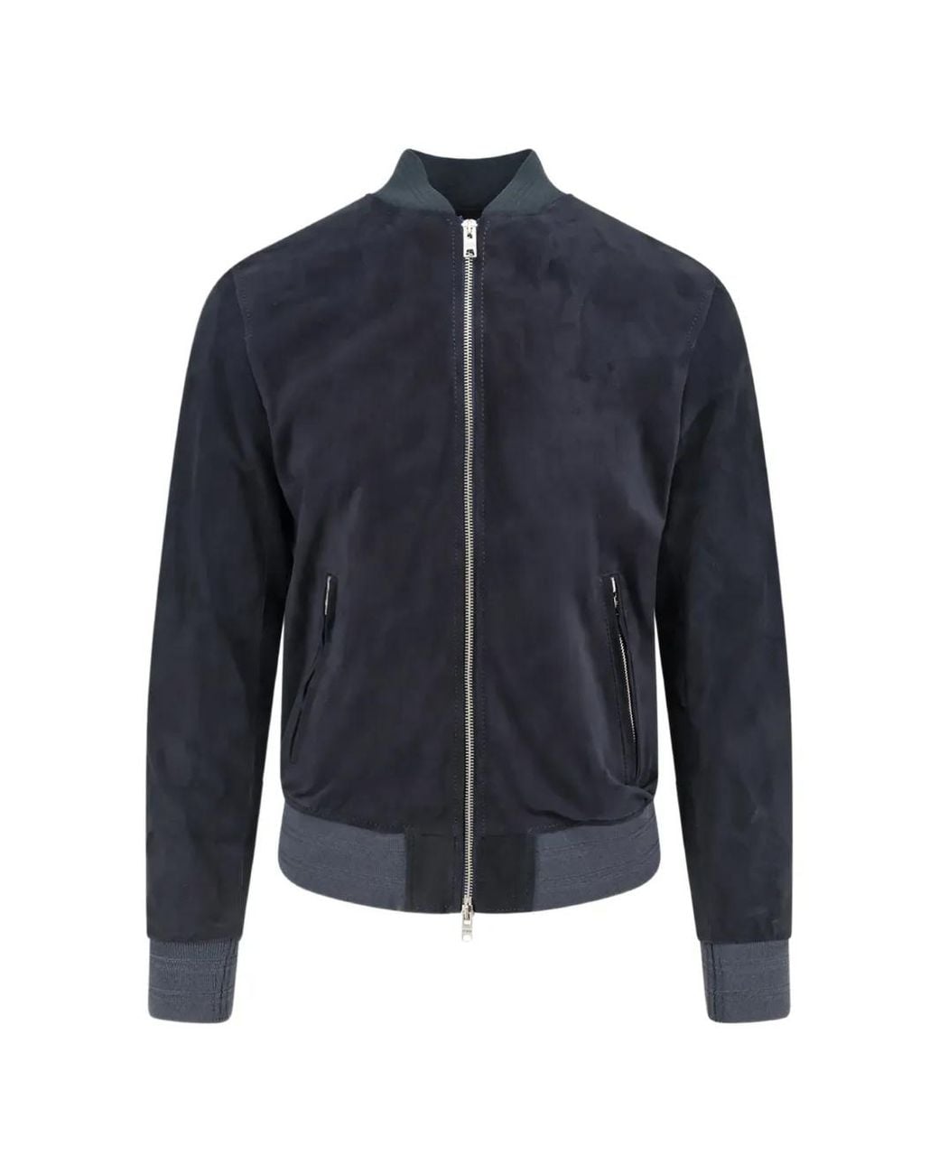 DFOUR® Blue Suede Ribbed-Trim Bomber Jacket for men