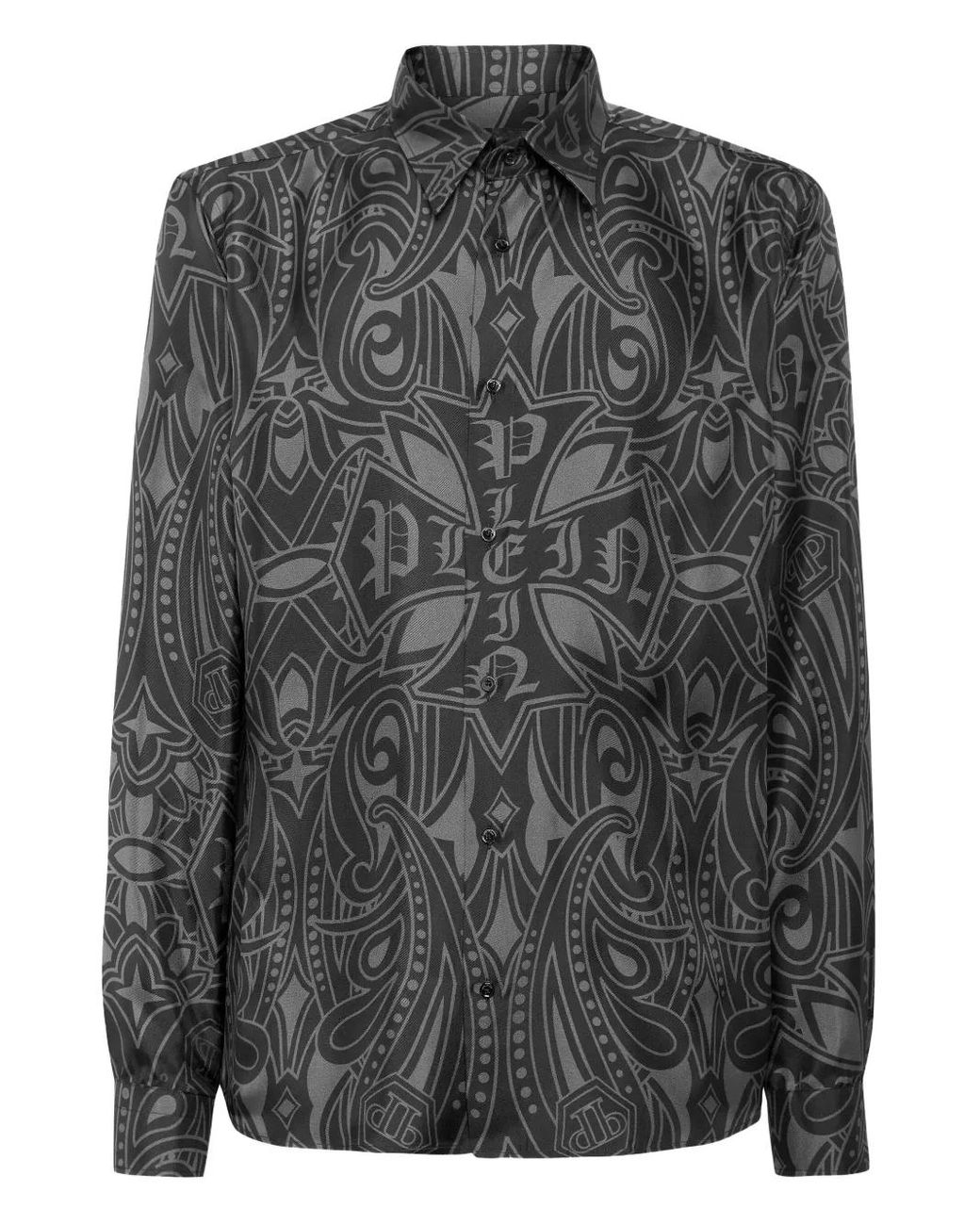 Philipp Plein Gray Printed Silk Shirt Gothic Plein for men