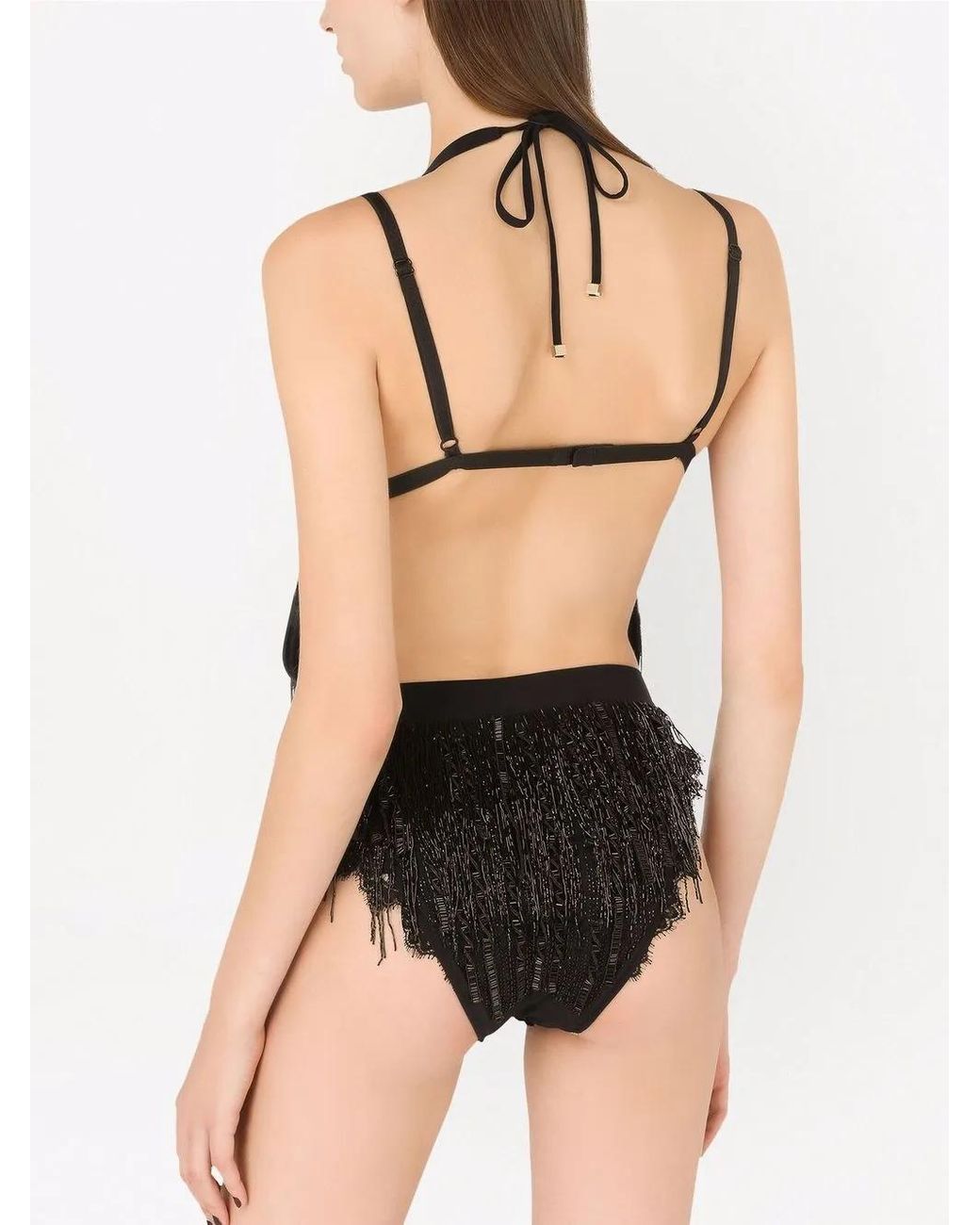 Dolce & Gabbana Black Logo-Tag Fringed Swimsuit