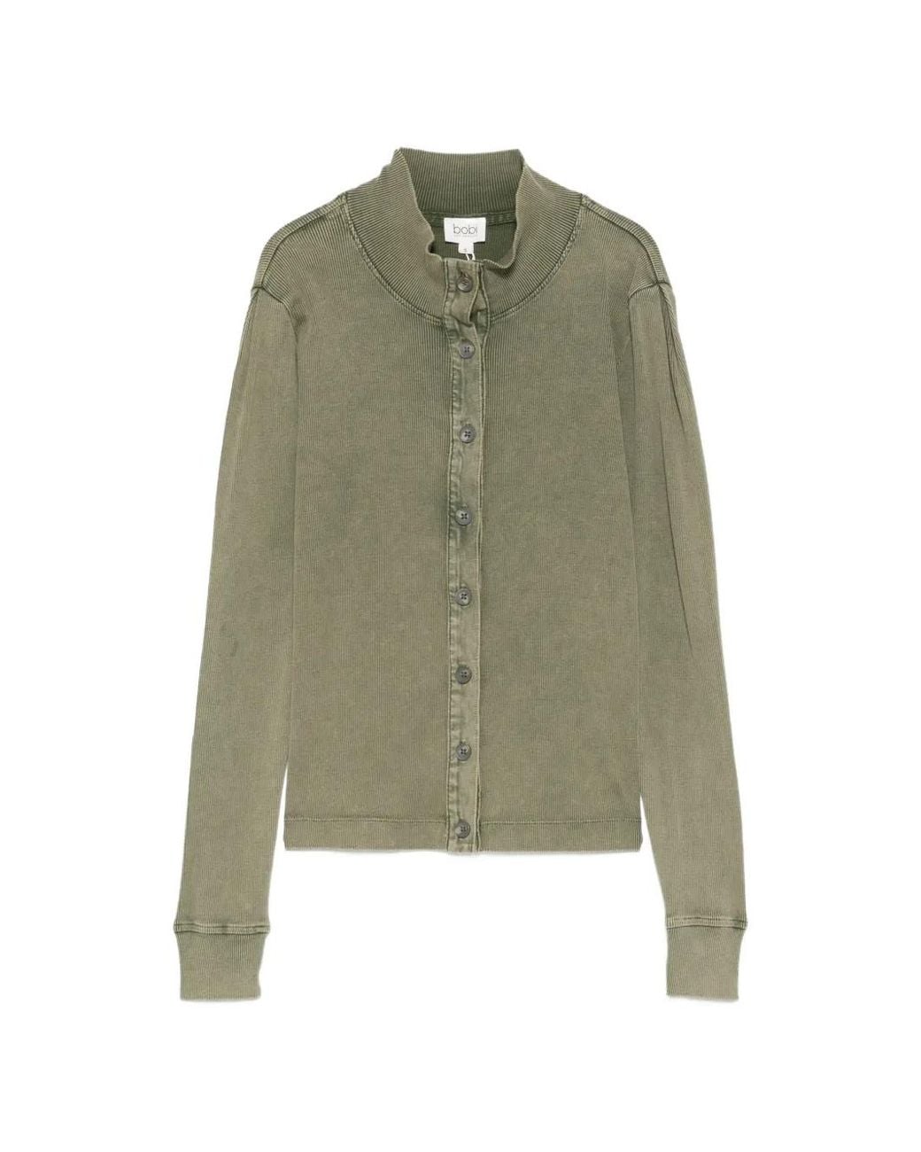 Bobi Green Ribbed-Knit High-Neck Cardigan