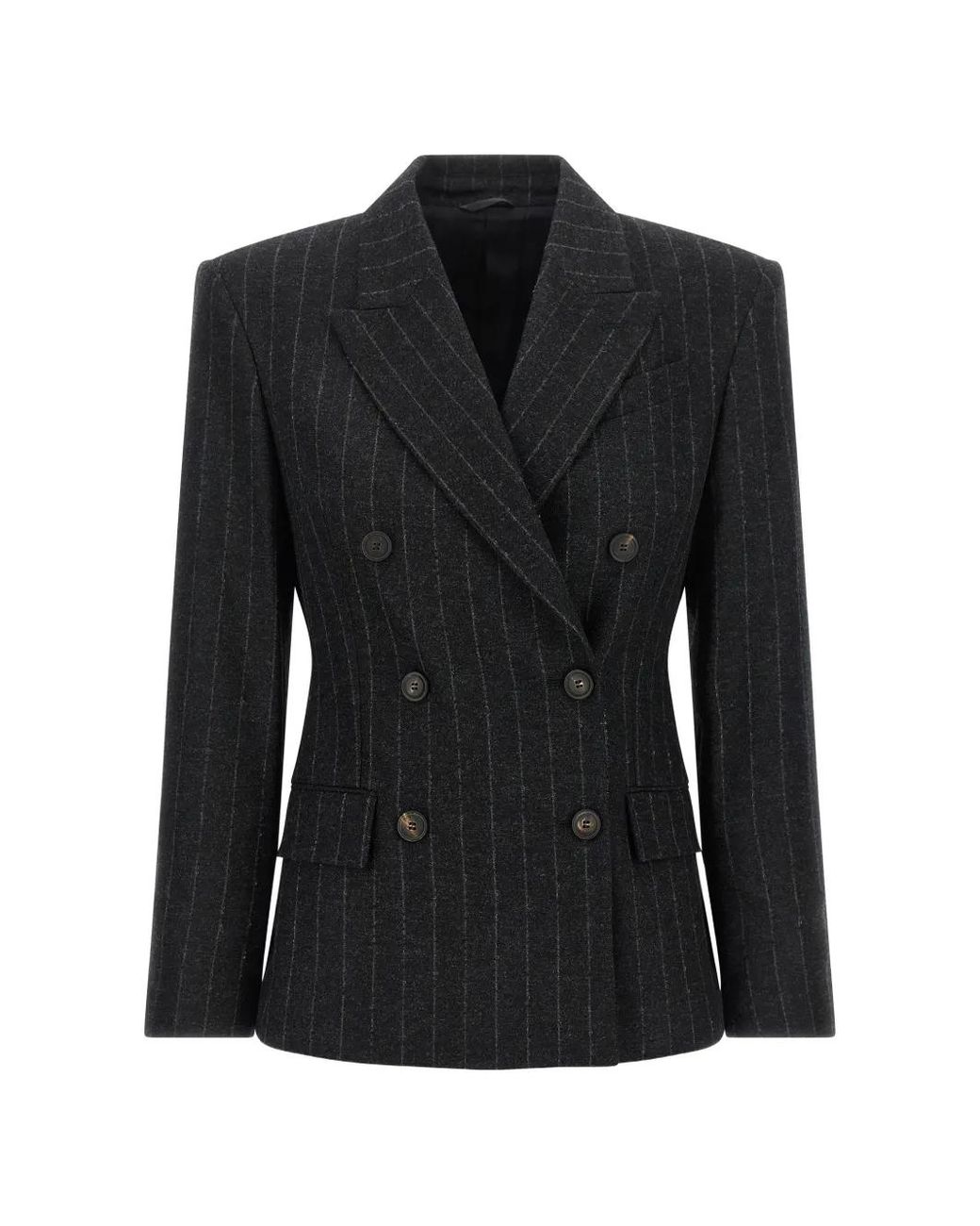 Brunello Cucinelli Black Virgin Wool Dazzling Chalk Stripe Blazer With Monili