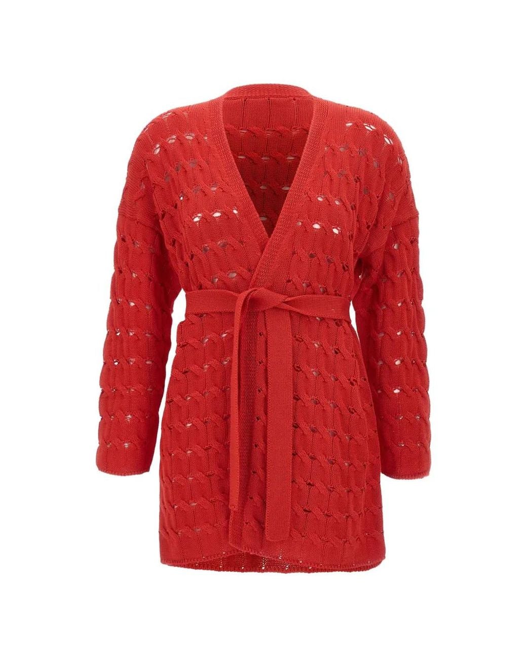 Kangra Red Cardigan Ceinturé En Maille Ajourée