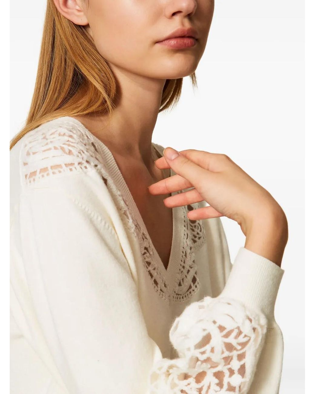 Twinset White Embroidered V-Neck Sweater