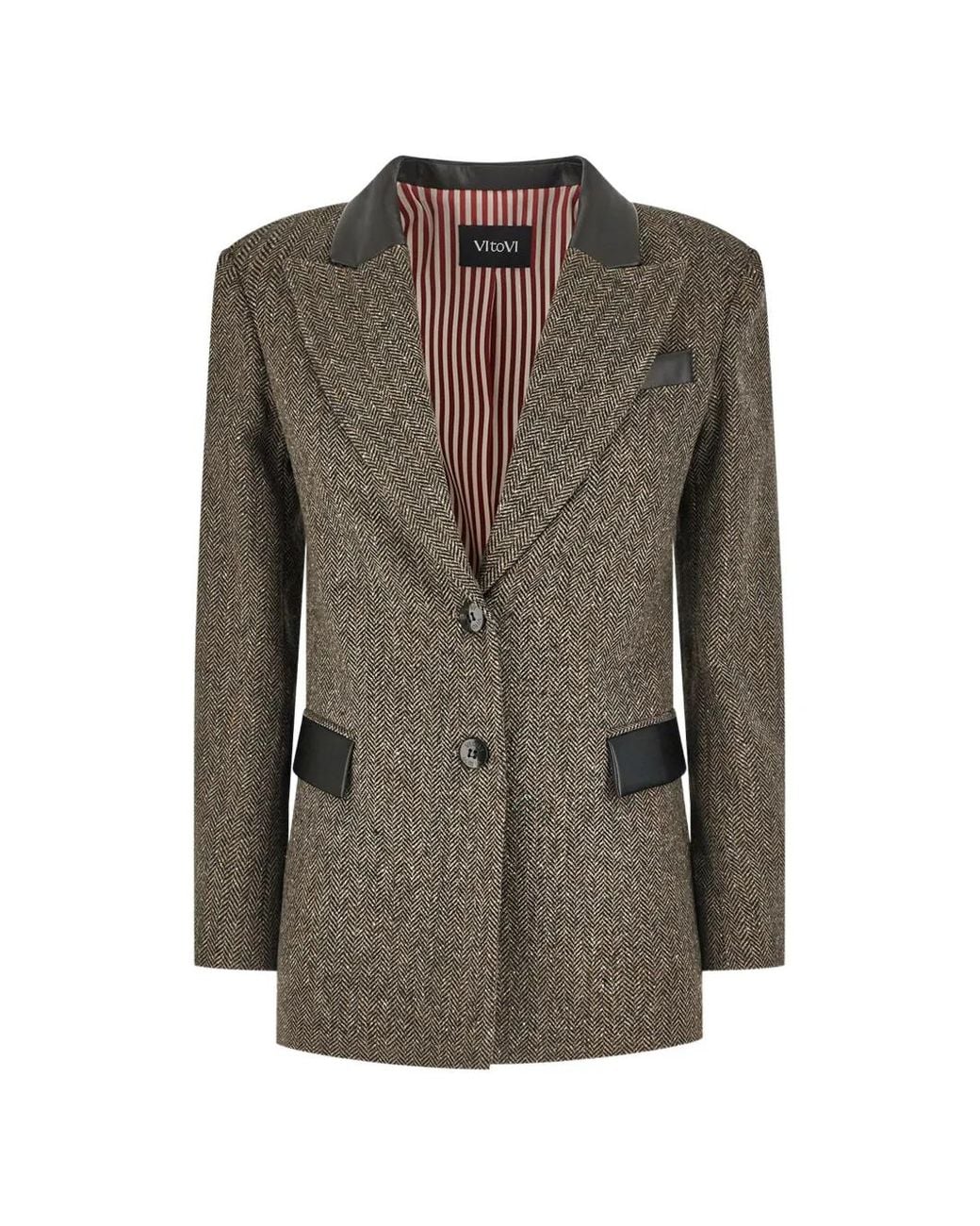 VI TO VI Gray Herringbone-Pattern Single-Breasted Blazer