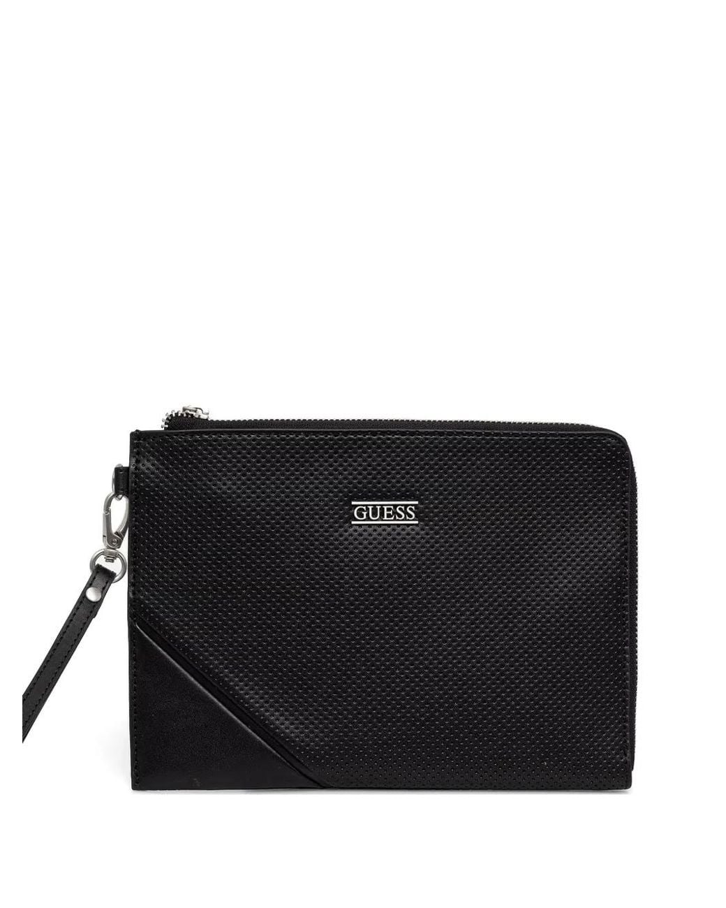 Guess Black Boston Perforated-Detail Logo-Plaque Clucth Bag for men