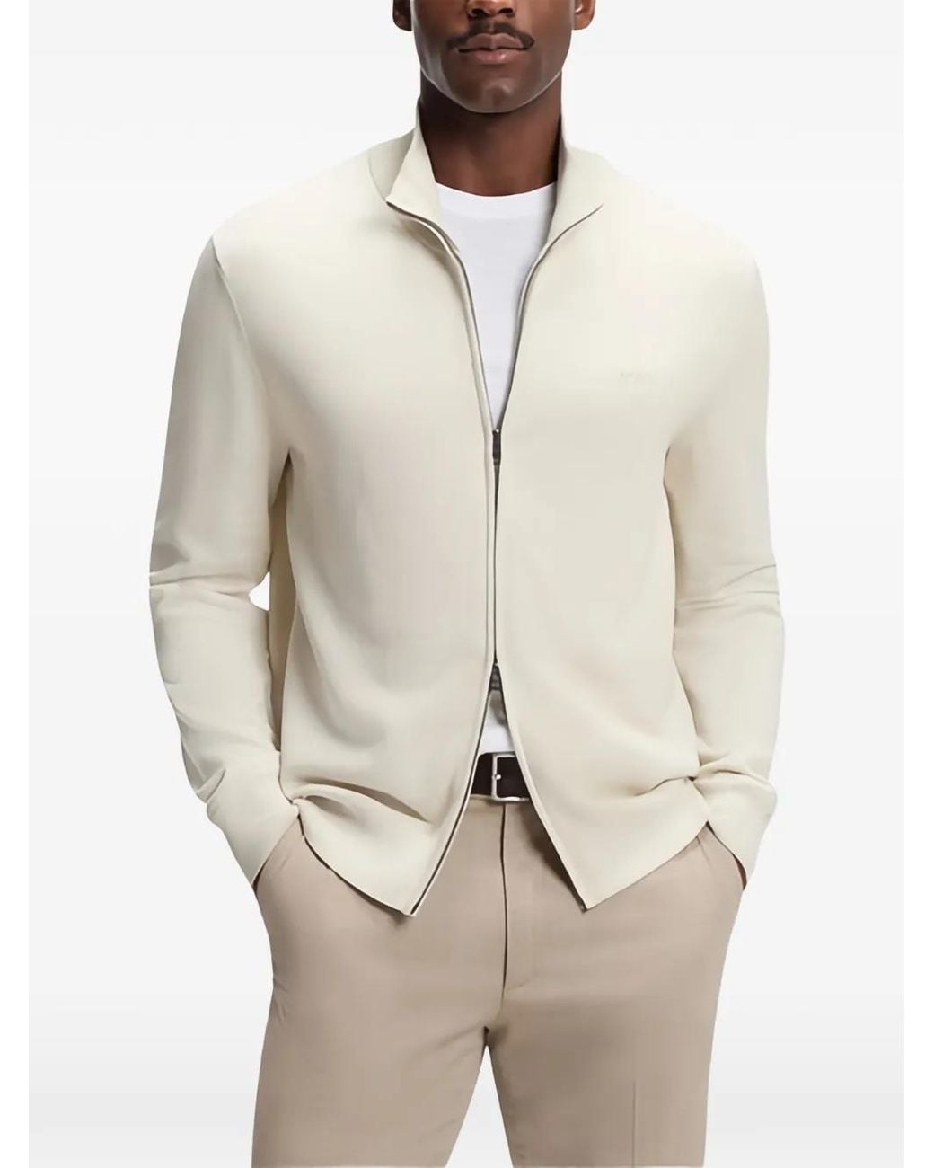 Boss White Cotton Zip-Up Cardigan for men