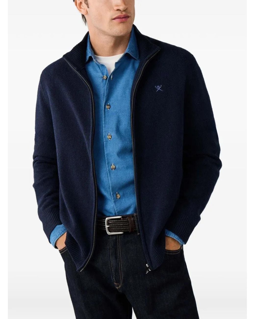 Hackett Blue Zip-Up Lambswool Cardigan for men