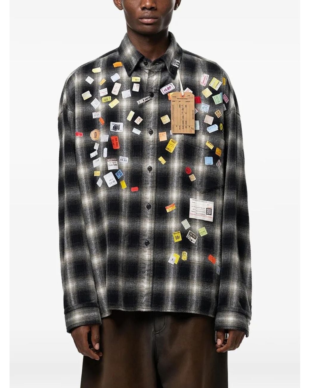 Maison Mihara Yasuhiro Black Price Sticker Printed Check Shirt for men