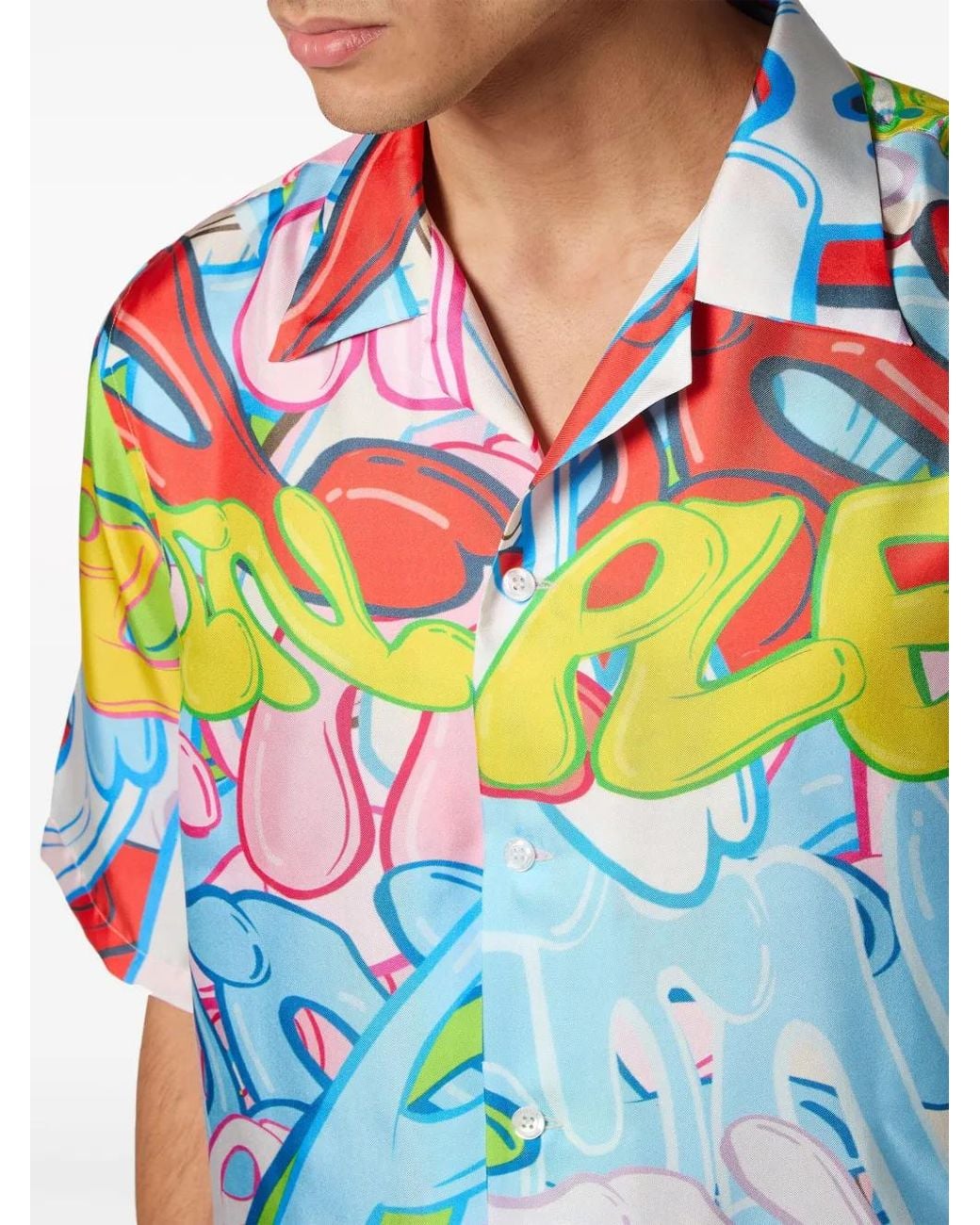 Philipp Plein Blue Bombing Graffiti Silk Shirt for men