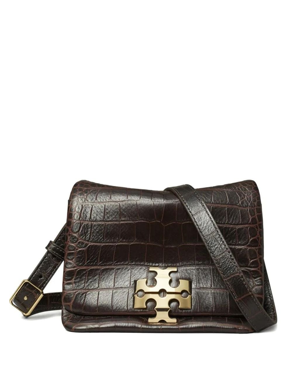 Tory Burch Black Charlie Runway Croc-Embossed Shoulder Bag