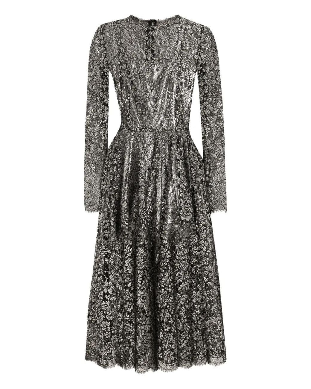 Dolce & Gabbana Gray Lamé Lace Midi Dress