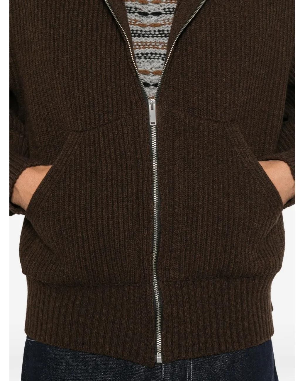 LC23 Black Ribbed-Knit Zip-Up Hoodie Sweater for men
