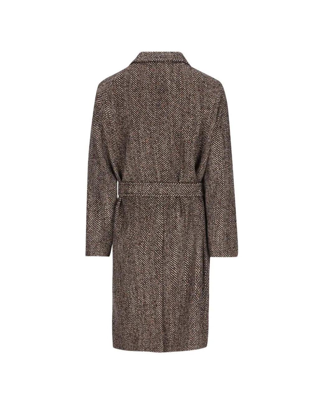 Tagliatore Brown Herringbone-Pattern Belted Coat for men