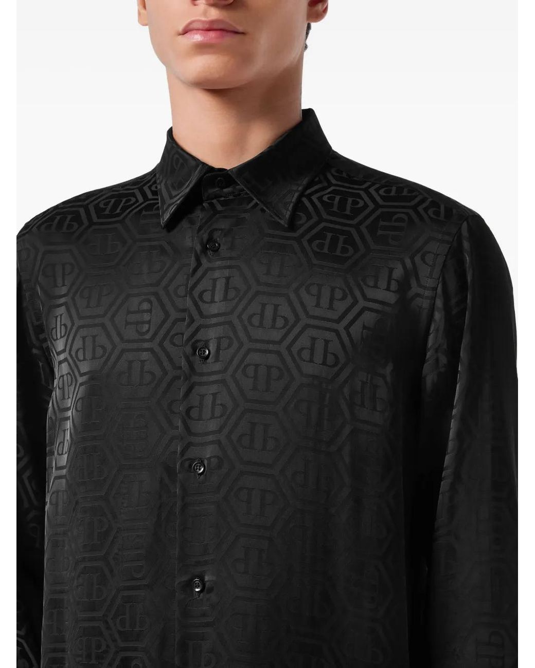 Philipp Plein Black Sugar Daddy Cut Silk Shirt Monogram for men