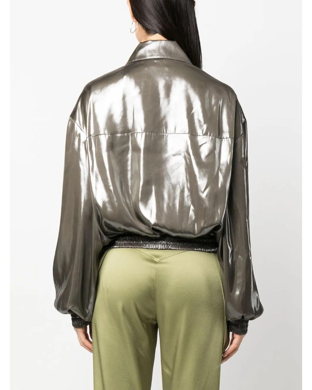 Blumarine Black Pointed-Collar Metallic Bomber Jacket