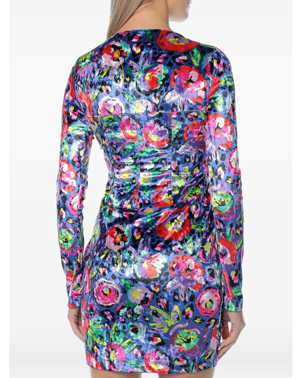 Chiara Ferragni Blue Floral-Print Corset-Style Long-Sleeved Fitted Mini Dress