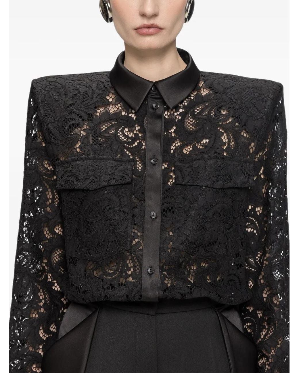 Nissa Black Haut En Dentelle À Col En Satin