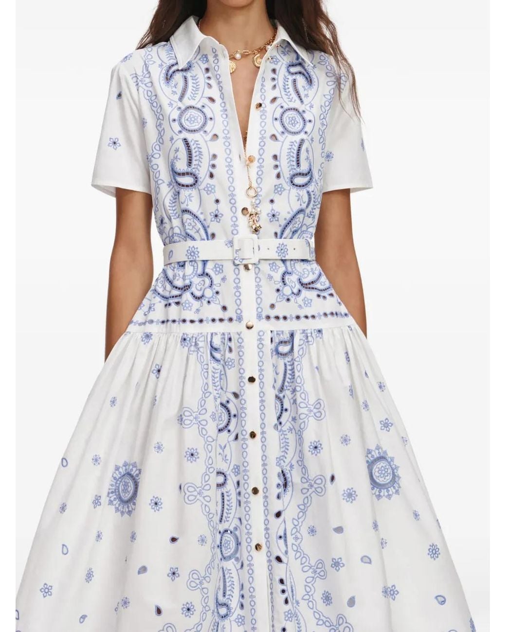 Self-Portrait White Paisley-Print Belted Shirt Dress