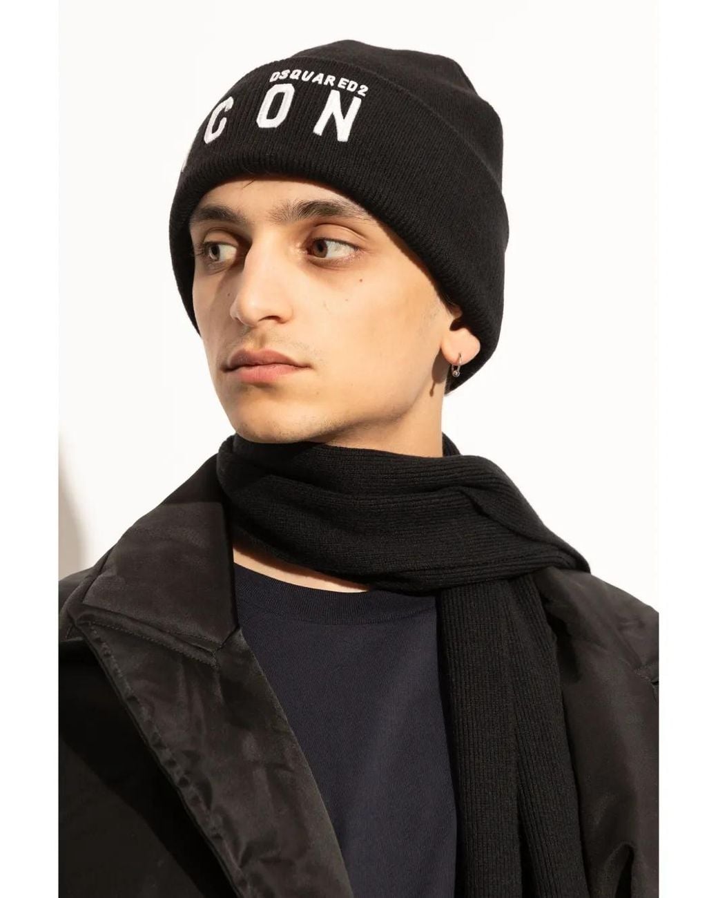 DSquared² Black Intarsia-Knit Logo Beanie for men