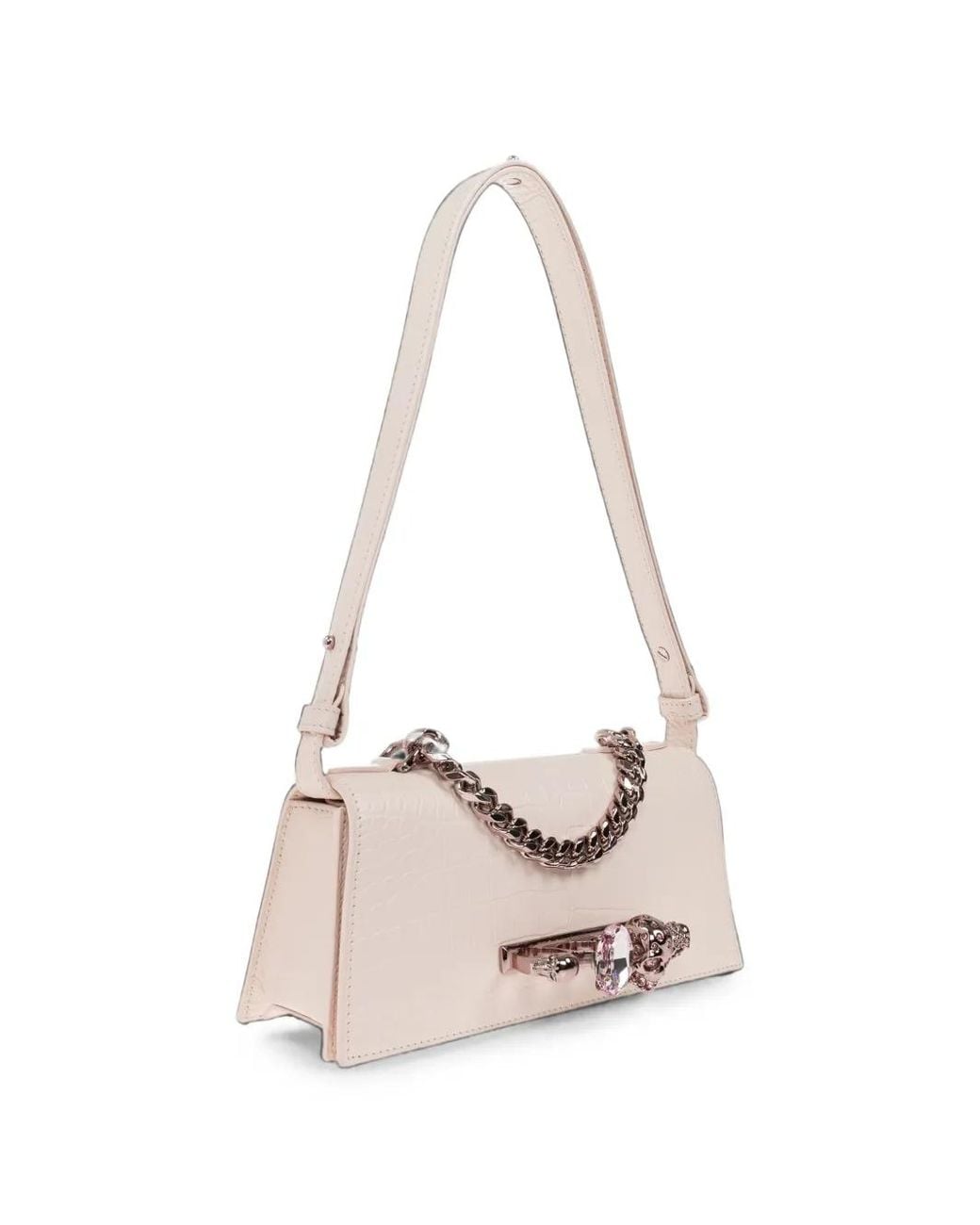 McQueen Pink Mini Jewelled Croc-Effect Shoulder Bag