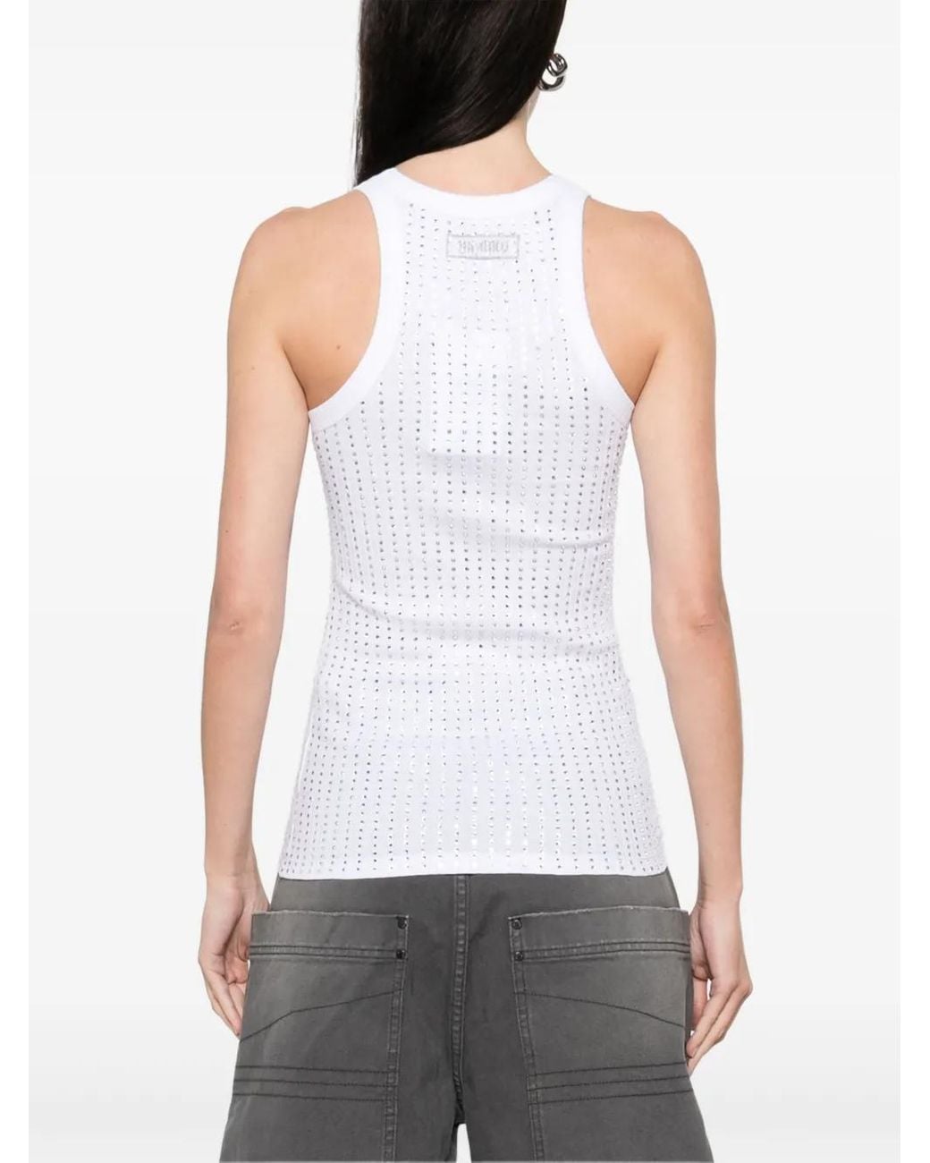 The Attico White Ribbed Cotton Top With All-Over Rhinestone Appliqué