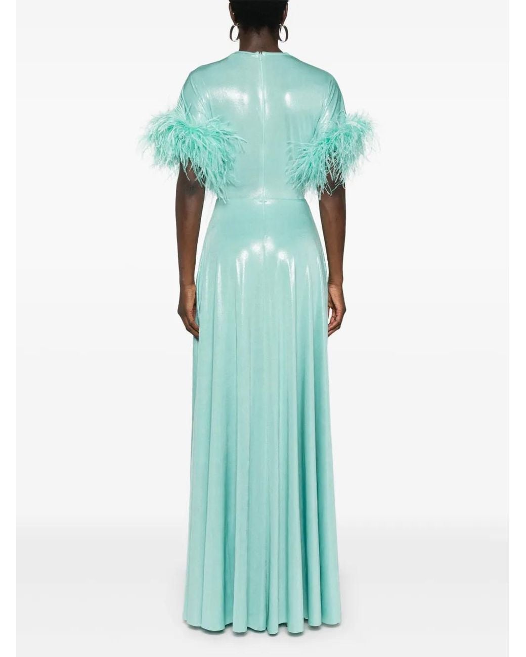 Nissa Green Feather-Trim Lurex Gown
