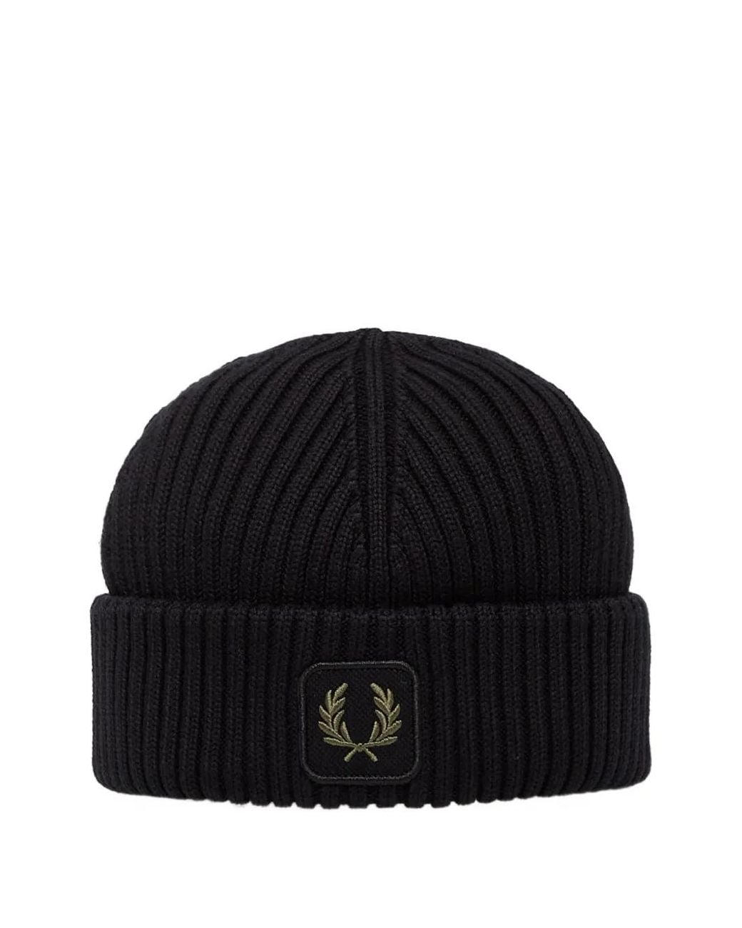 Fred Perry Black Ribbed Cotton Beanie Hat