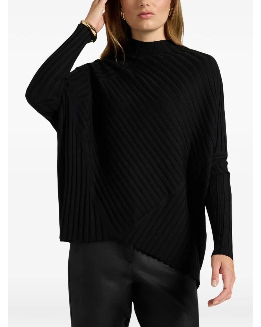 Elena Miro Black Ribbed-Knit Asymmetric-Hem Sweater