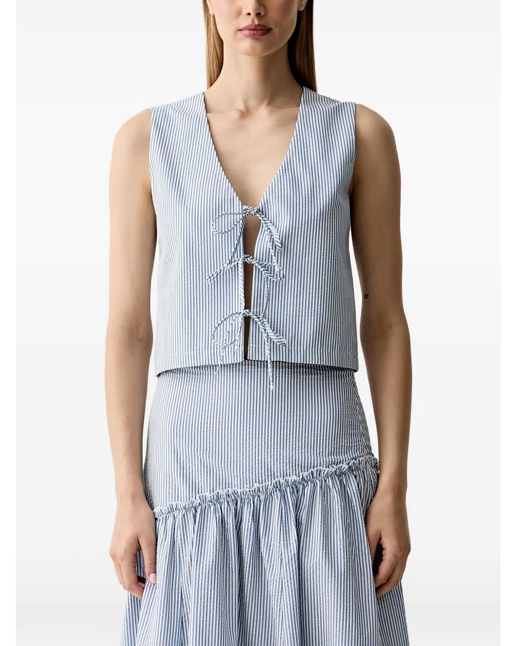 Benetton Blue Striped Tie-Fastening Sleeveless Blouse