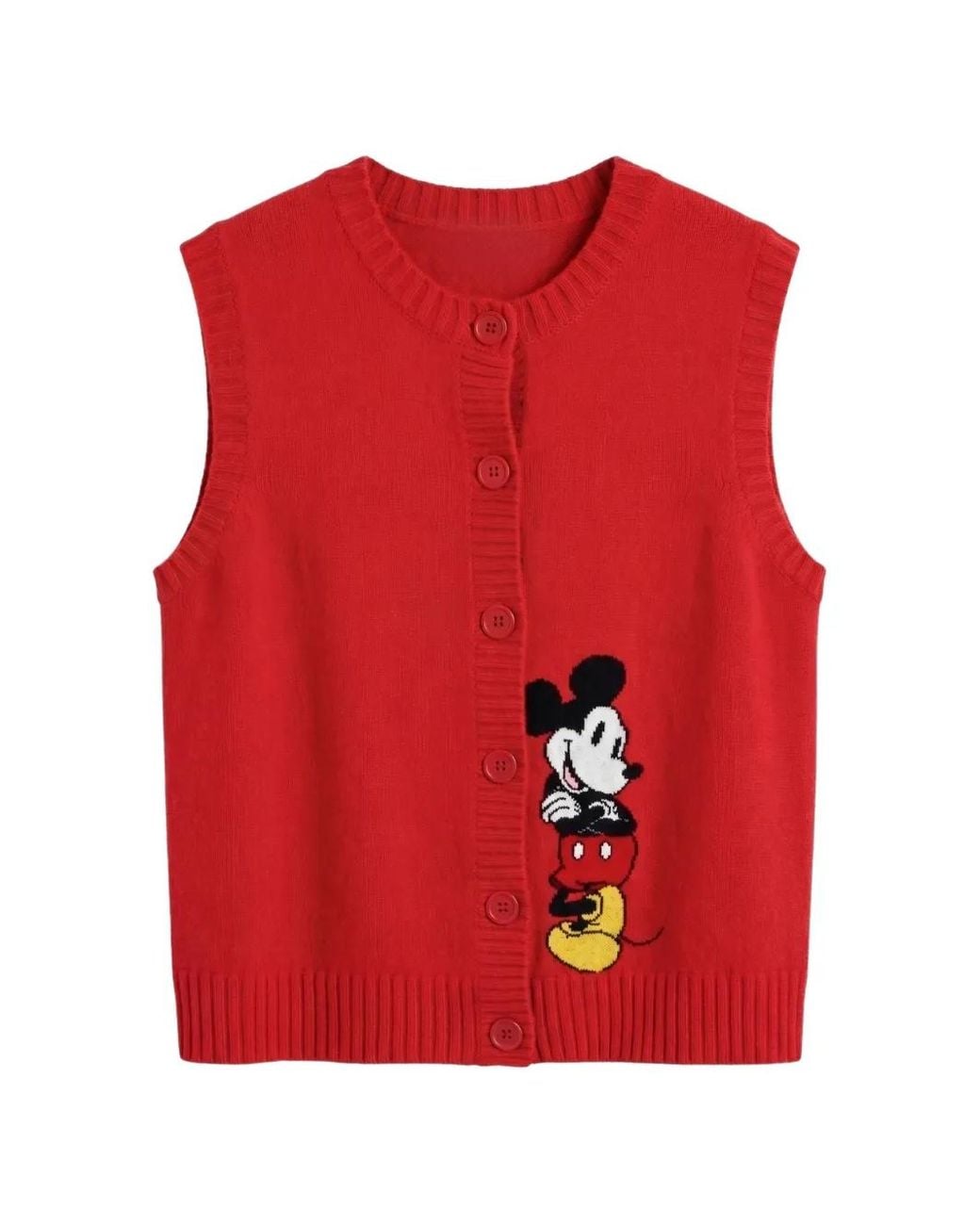 Chinti & Parker Red Mickey Mouse Intarsia-Knit Sleeveless Cardigan