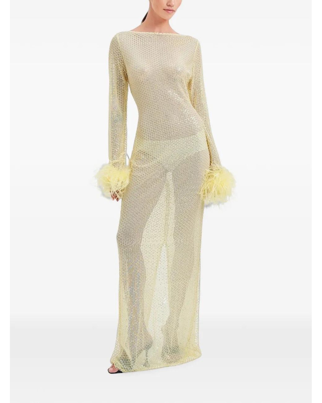 OW Collection White Maxi Alva Feather-Cuff Embellished Mesh Dress