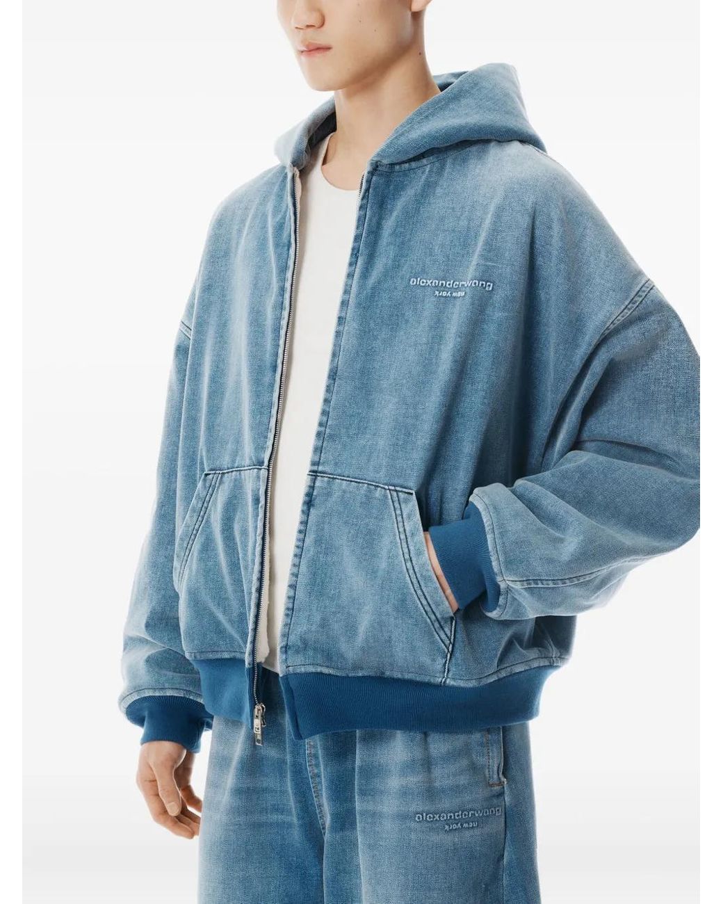 Alexander Wang Blue Hooded Zip-Up Denim Jacket