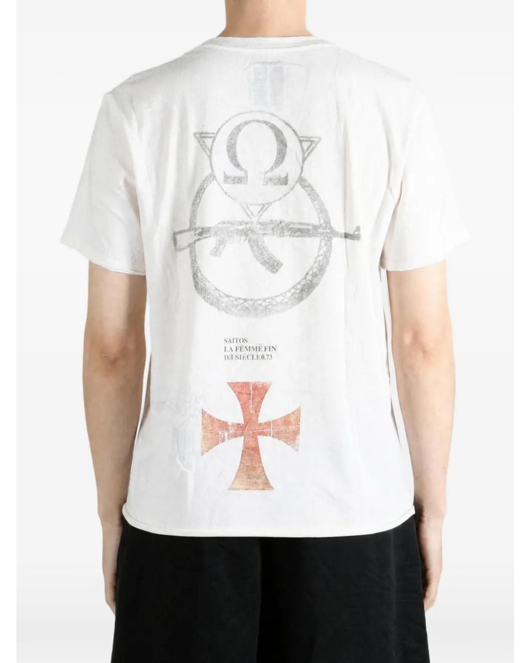 SAITOS White Graphic-Print Distressed T-Shirt