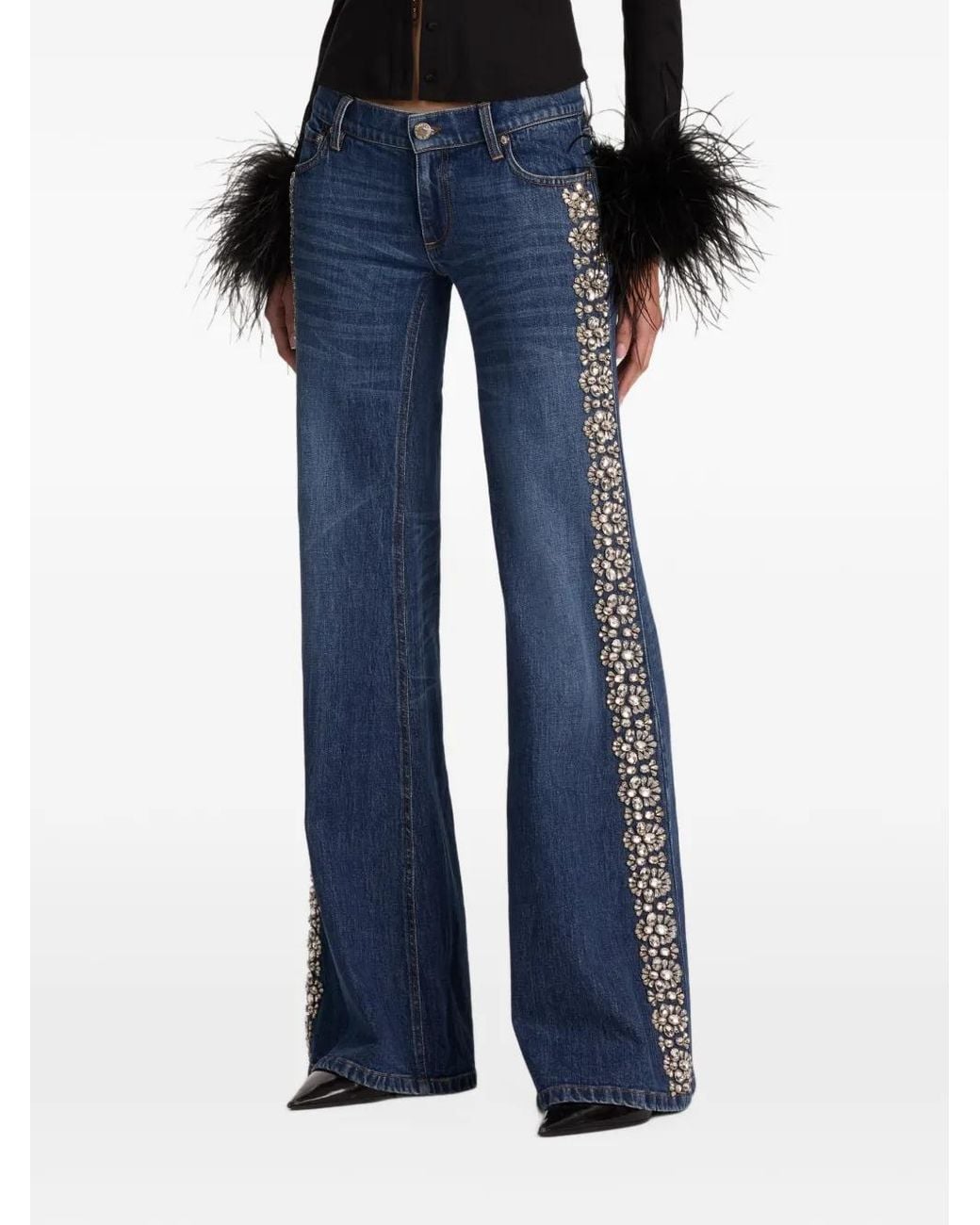 Alice + Olivia Blue Emryn Crystal-Embellished Flared Jeans
