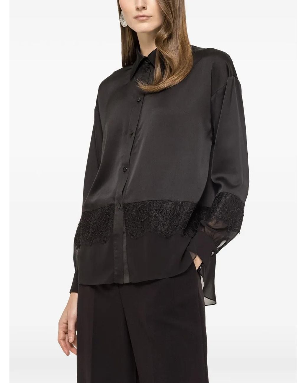 Nissa Black Lace-Panelling Satin Shirt