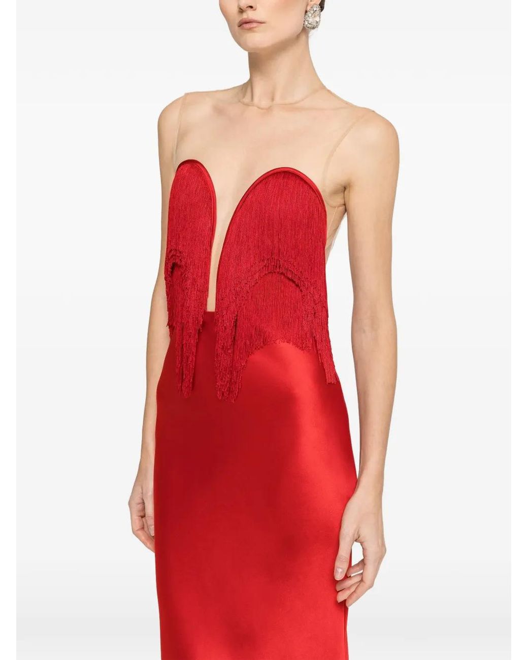 Nissa Red Fringe Satin Maxi Dress