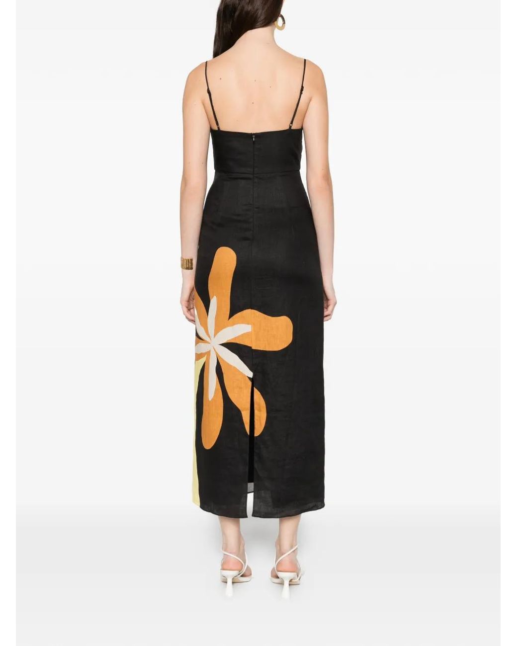 Cala De La Cruz Black Flower Strapped Midi Dress