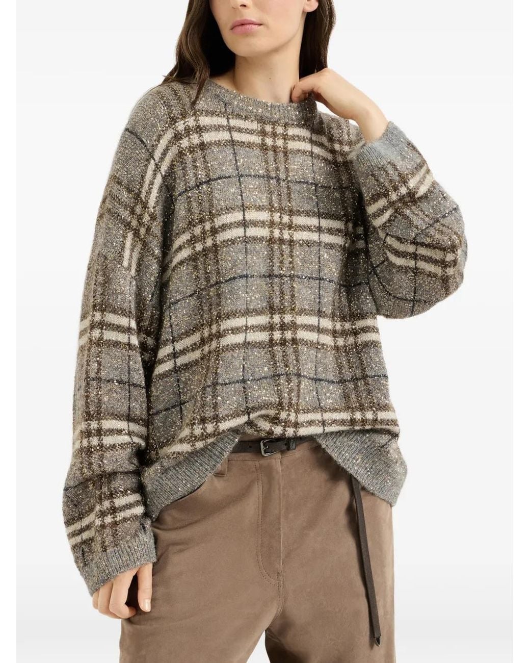 Brunello Cucinelli Gray Dazzling Mohair Prince Of Wales Sweater