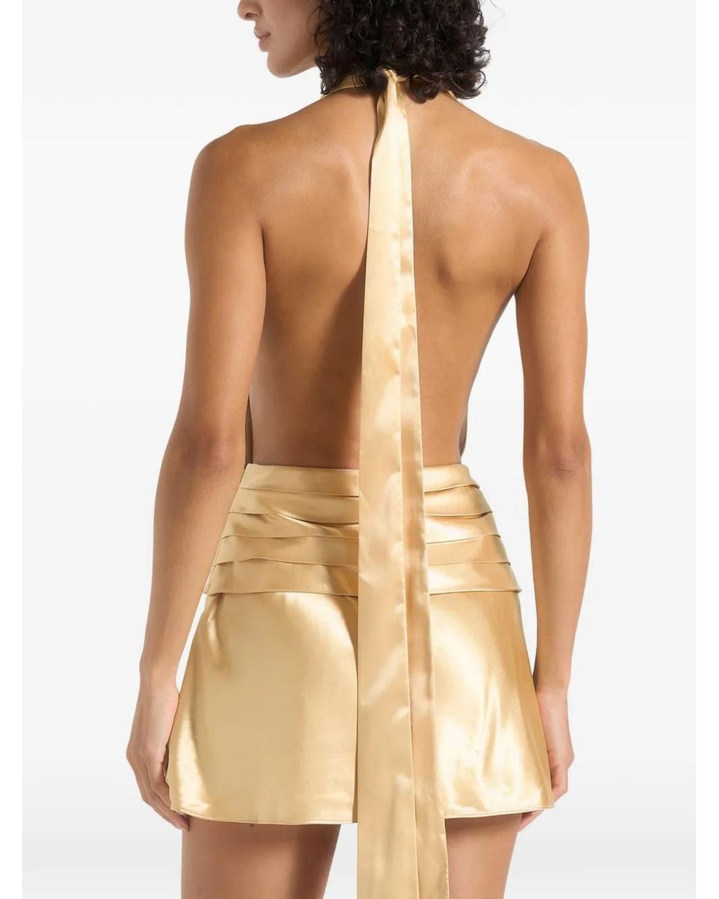Manière De Voir Natural Christelle Cowl Halter Open Back Rosette Mini Dress