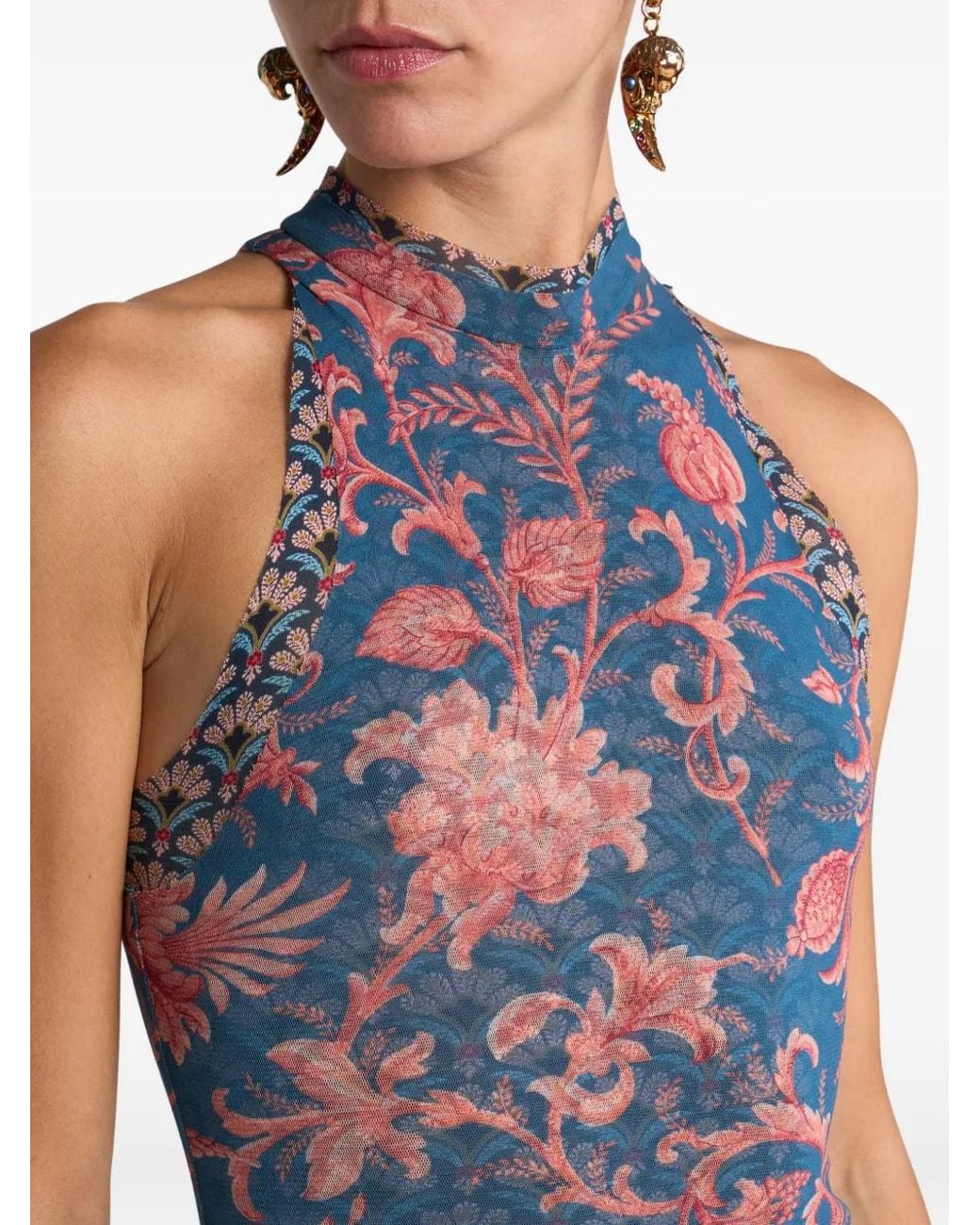 Etro Blue Stretch Tulle Long Dress With Floral Motif