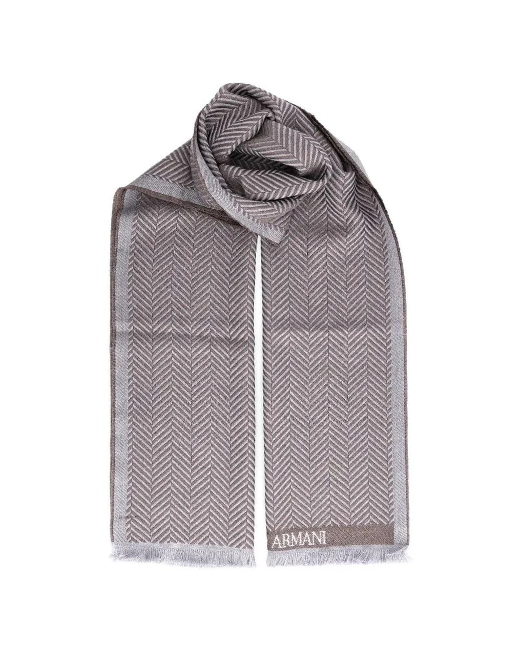 Giorgio Armani Gray Herringbone-Pattern Fringed Scarf for men