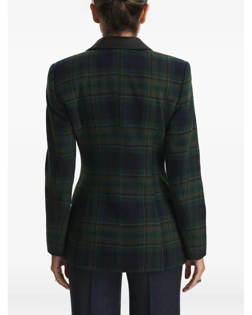 CuAnna Black Midi Double-Breasted Plaid-Pattern Blazer