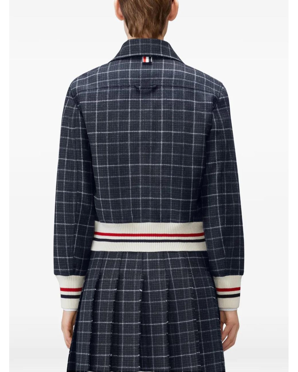 Thom Browne Blue Windowpane Houndstooth Teviot Tweed Cropped Flight Jacket